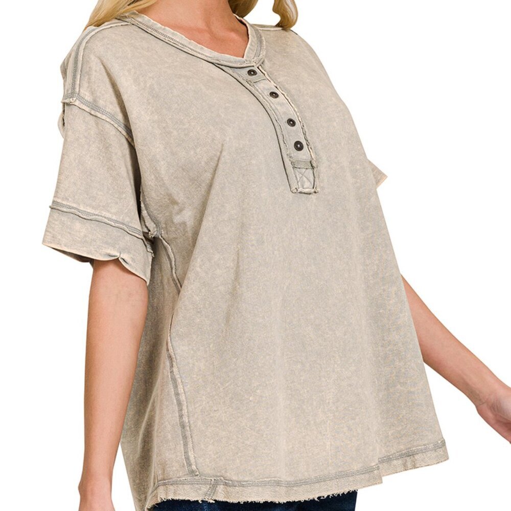 Zenana Acid Wash Raw Edge Detailed Button Henley Top, Sleet